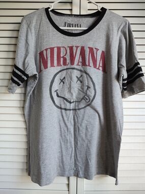 NIRVANA Grey Tee with Red Logo and Black Trim